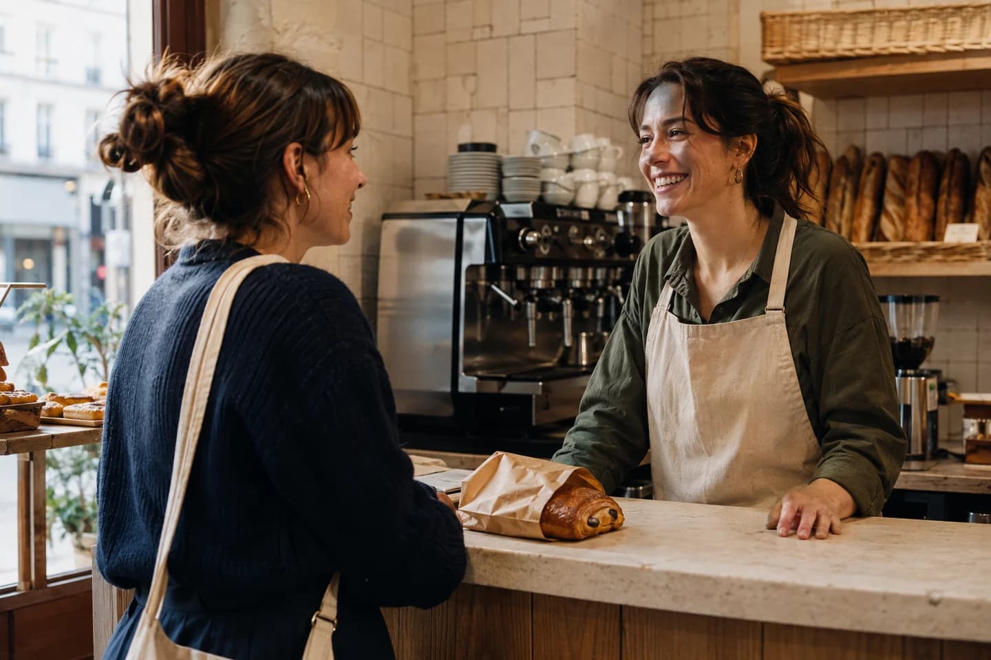 A customer and the baker talking across the counter of a Paris bakery