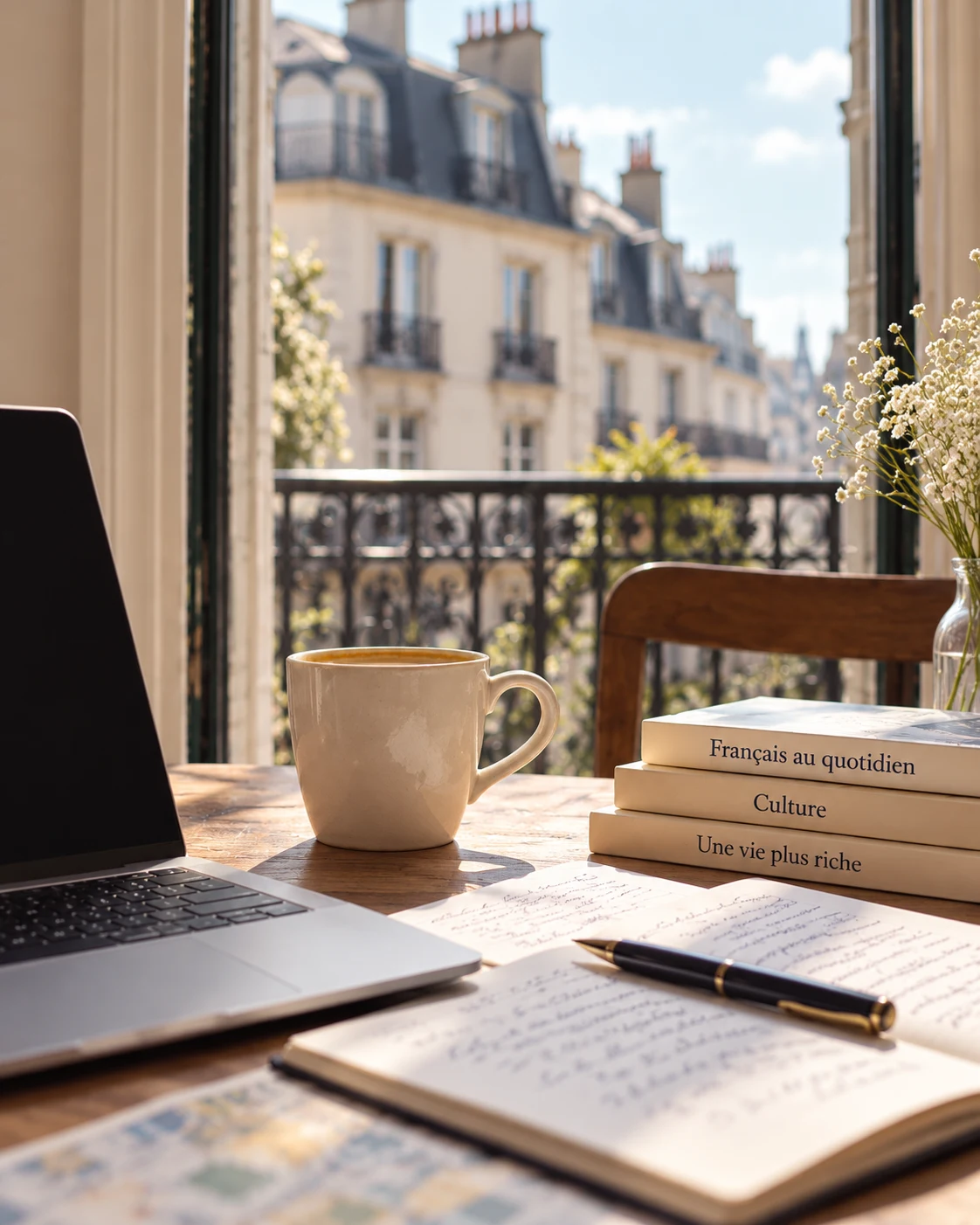 A sunlit desk by a Parisian window, with a laptop, coffee and an open French notebook